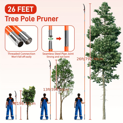 26FT Manual Pole Saw with Pruner & Bag for Garden, Patio and Yard Use, with the Listed Configuration