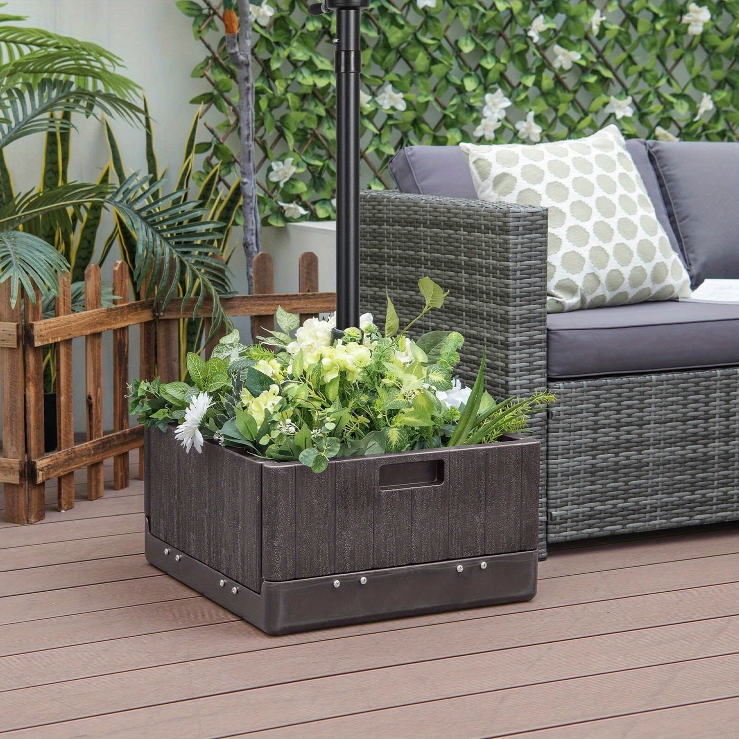 Patio Umbrella Base 3-in-1 Fillable with Table Tray & Planter Box Wheeled Stand Fits 1.5"/1.9" Poles for Garden, Patio and Yard Use