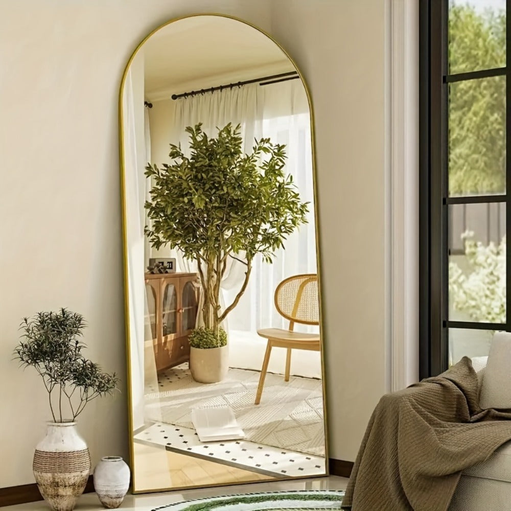 Full Length Mirror Floor Standing with LED Light – Arched & Rect Aluminum Frame Dressing Mirror for Bedroom Living Room, Black/Golden/White