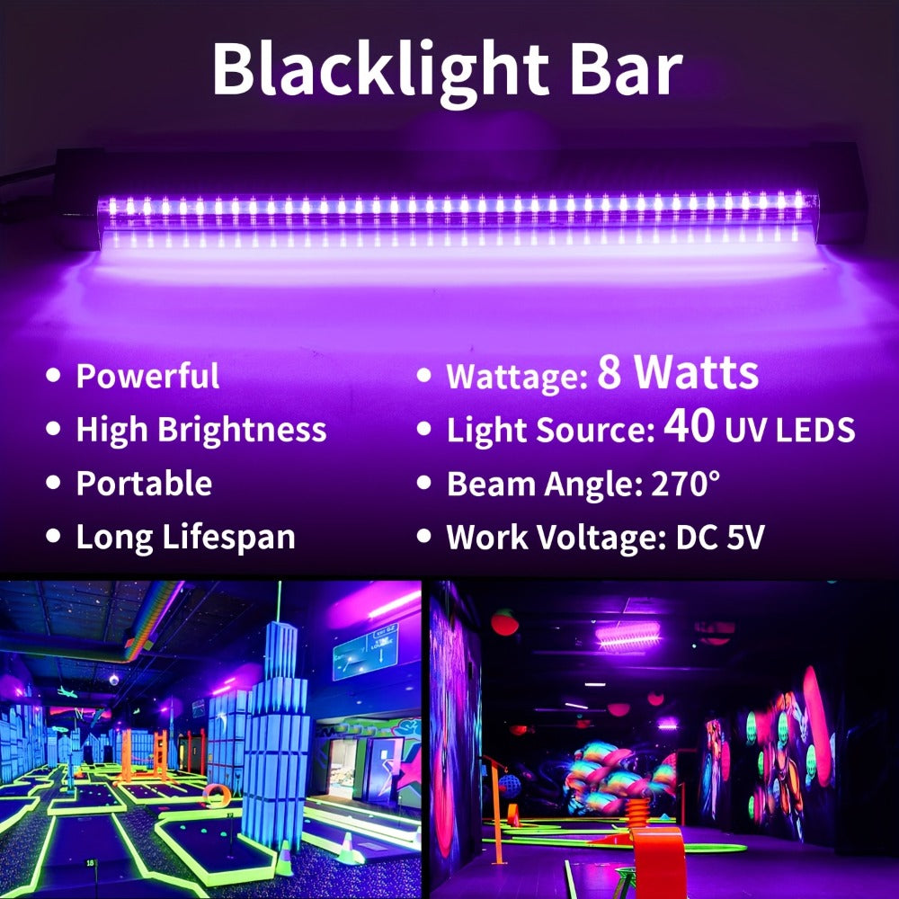 UV Black Light Bars & Strips 8-Piece Set, 385-400nm USB Powered 5V LED Blacklight for Glow Party