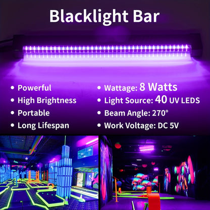 UV Black Light Bars & Strips 8-Piece Set, 385-400nm USB Powered 5V LED Blacklight for Glow Party