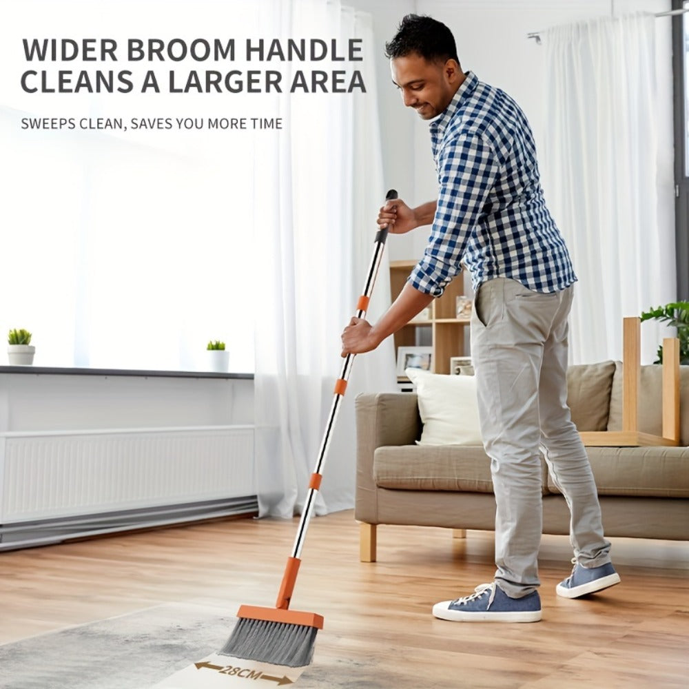 Folding Broom and Dustpan Set with Sectioned Handle, Rotating Head and Nine Blue, Orange or Khaki Checkout Options