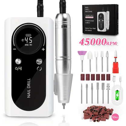 Low Noise Nail Drill Machine 45000RPM Rechargeable with LCD Display – Quiet Electric E-File for Gel Polish Acrylic Natural Nails