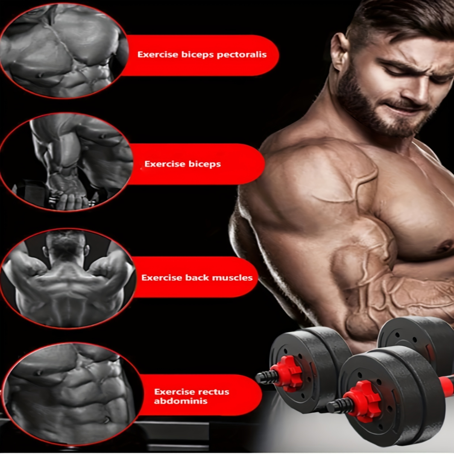 44-Pound Adjustable Dumbbell and Barbell Set with Black Round Plates, Connecting Rod and Double Lock Nuts
