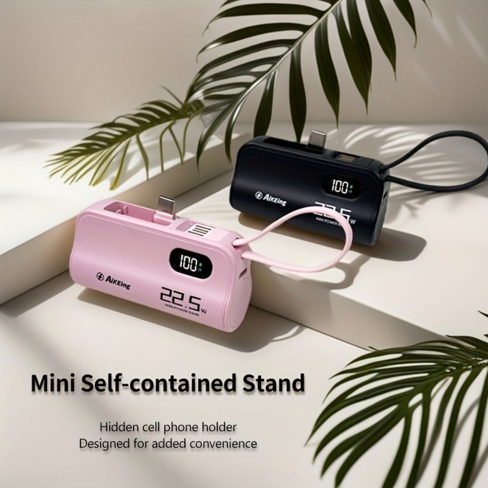 5000mAh Capsule-Style Power Bank with 22.5W Marking, Hidden Stand, Digital Display and USB Cable