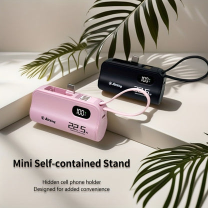 5000mAh Capsule-Style Power Bank with 22.5W Marking, Hidden Stand, Digital Display and USB Cable