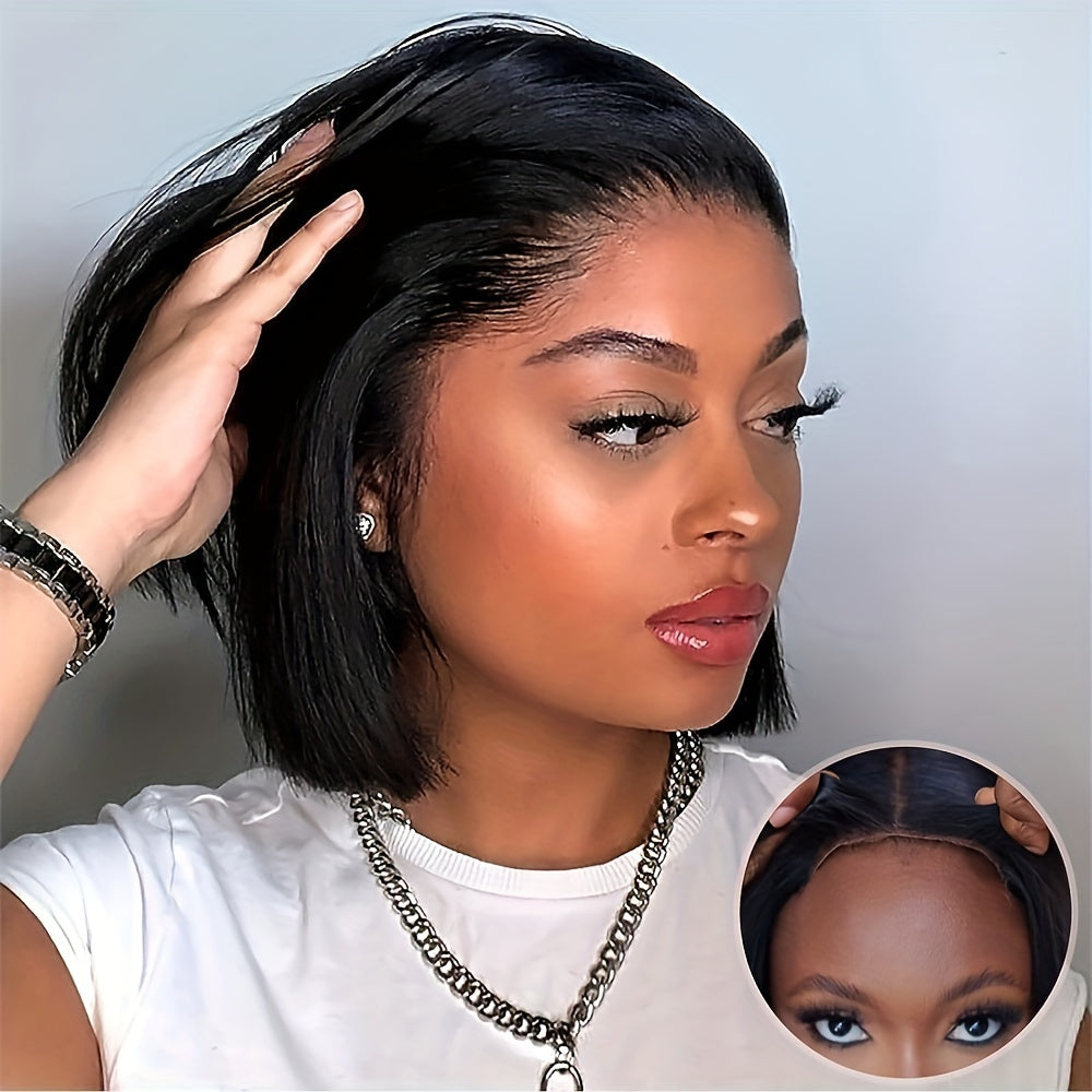 Bob Wig Human Hair 250% Density 4x4 HD Lace Straight Glueless Pre Cut Pre Plucked Wear and Go Natural Black for Women Daily Wear Party Music