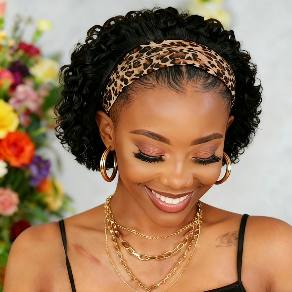 Kinky Curly Headband Wig Human Hair Brazilian 150% Density Glueless 6 Inch | No Glue No Gel Black Burgundy Rust | Beginner Friendly Daily