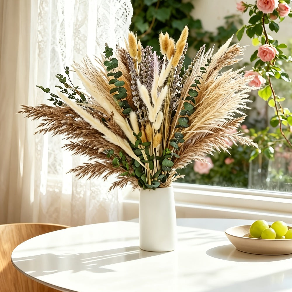 Boho Pampas Grass Dried Flower Arrangement, Lavender Eucalyptus Bouquet with Gemstone Accents for Home Decor