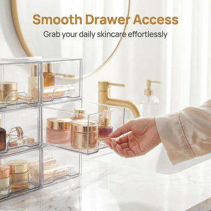 Clear Stackable Storage Drawers 8 Pack – Acrylic Bathroom Organizer Bins with Pull-Out Handle, BPA-Free Plastic Makeup Storage for Vanity