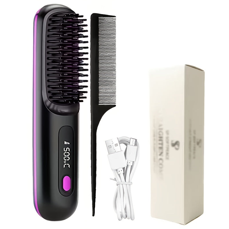 Compact Rechargeable Straightening Brush in Black or White with Display, Comb and USB Cable