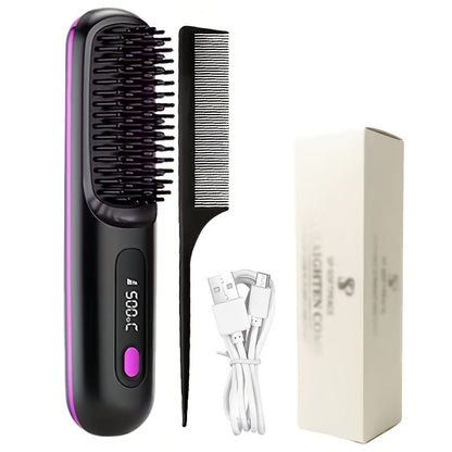 Compact Rechargeable Straightening Brush in Black or White with Display, Comb and USB Cable