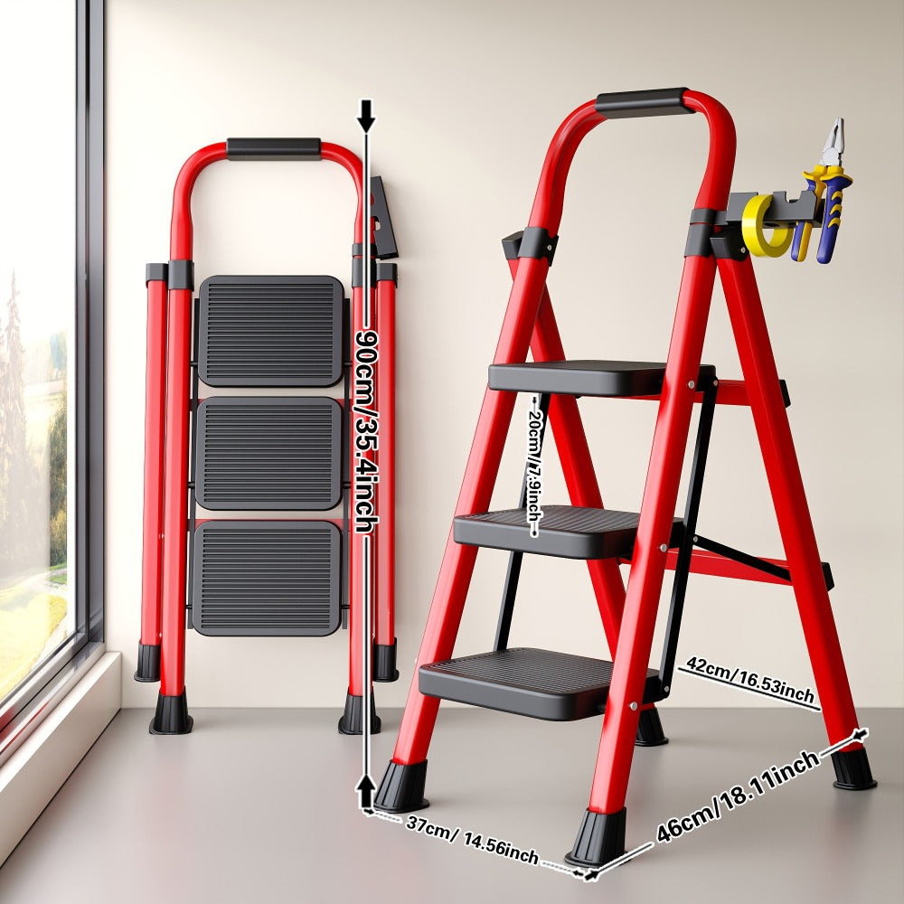 Folding Step Ladder 3 5 Step Steel Anti-Slip Wide Treads Handrail Safety Lock Portable for Home Cooking, Dining and Outdoor Meals