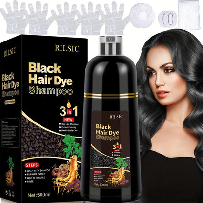 Hair Dye Shampoo, RILSIC 500ml Black 3-in-1 Single Bottle with Pump Dispenser for At-Home Color Application