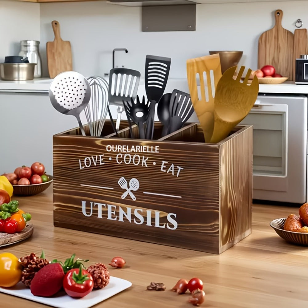 Wooden Cutlery Storage Box with Grid Compartments Chopstick Organizer Rack with Metal for Home Cooking, Dining and Outdoor Meals