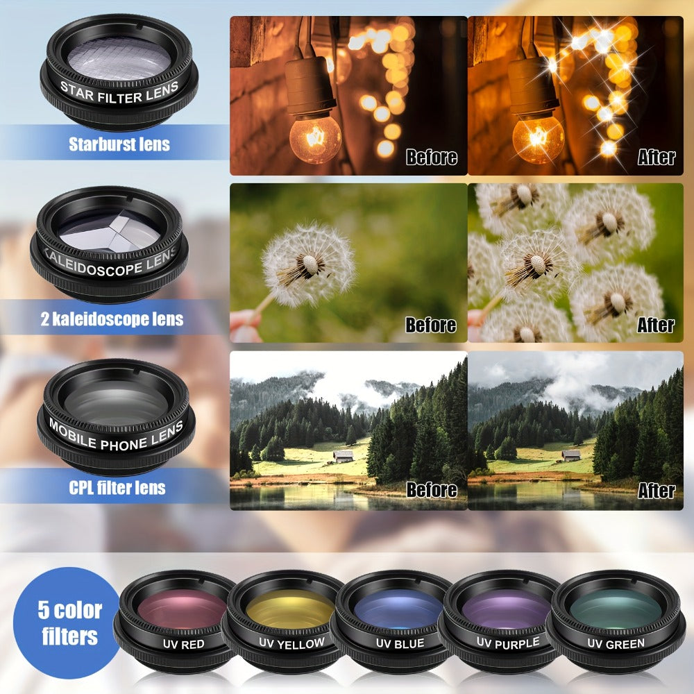 16-in-1 Phone Camera Lens Kit – Fisheye, Wide Angle, Macro, Kaleidoscope & CPL Clip-On Lenses + Selfie Light