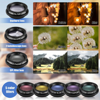 16-in-1 Phone Camera Lens Kit – Fisheye, Wide Angle, Macro, Kaleidoscope & CPL Clip-On Lenses + Selfie Light