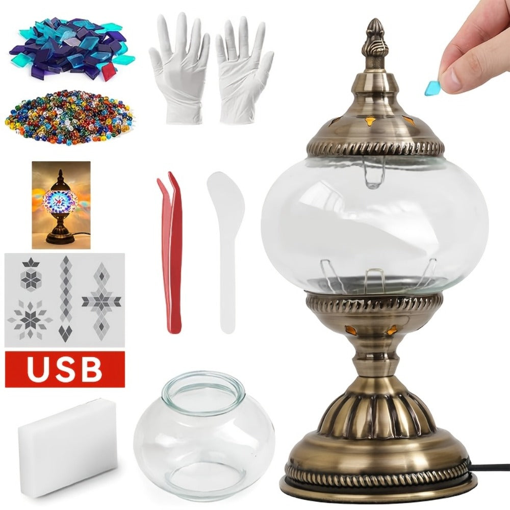 DIY Mosaic Lamp Kit Handmade Glass Table Lamp, Colorful Stained Glass Bedside Night Light with Antique Bronze Base