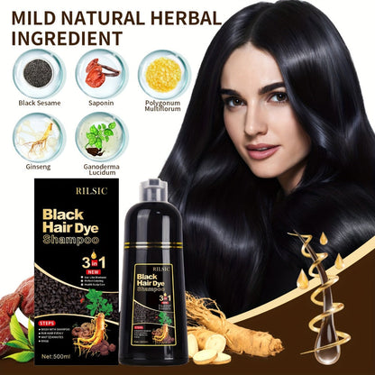 Grey Hair Dye Shampoo 3-in-1 Natural Plant-Based Herbal Formula – Non-Stick Scalp, Covers White Hair in Minutes, 500ml – Black, Dark Brown