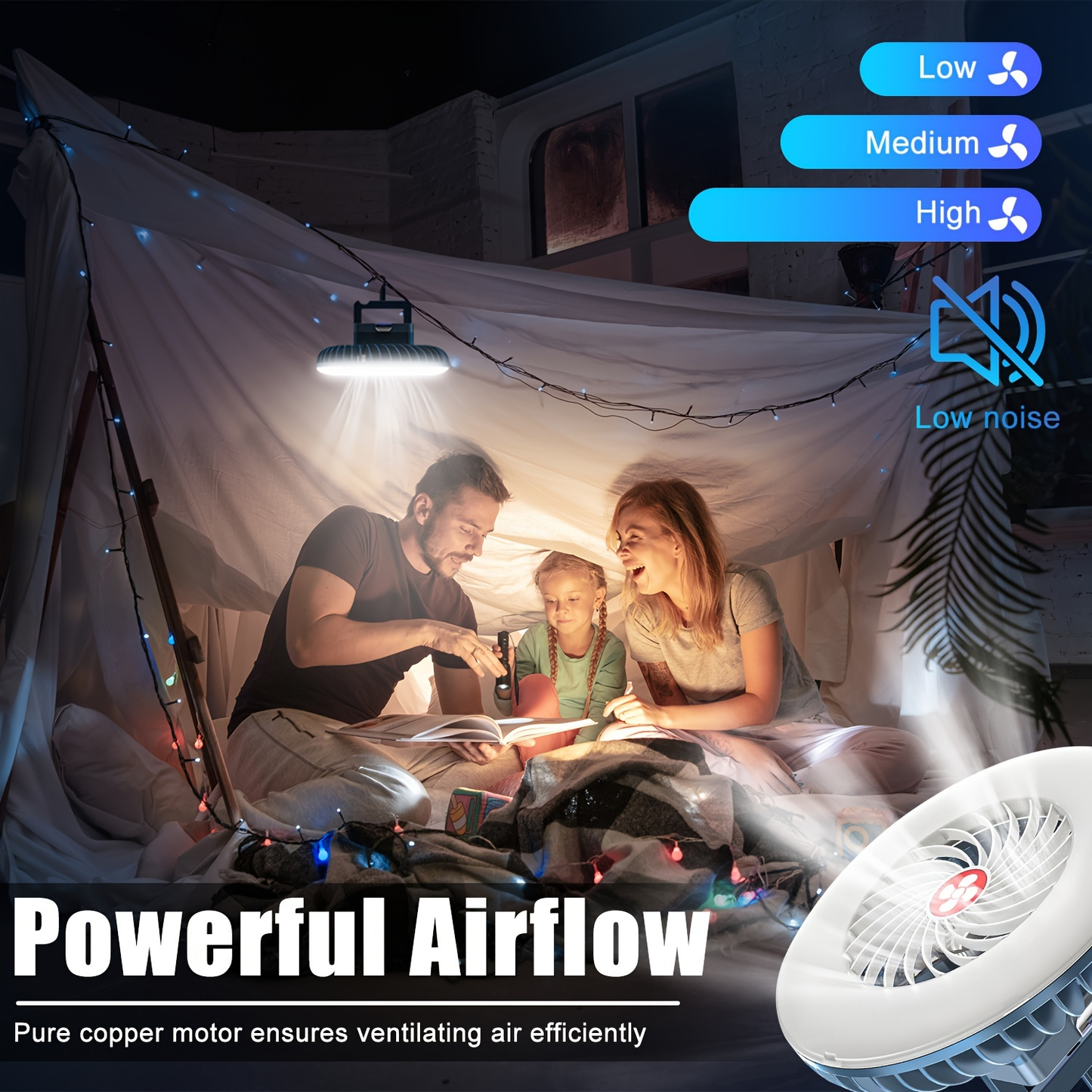 Camping Fan 2-Pack Circular Fan-Light Set with 4000mAh Batteries, 3 Speeds, 2 Brightness Levels, Hooks and Magnets