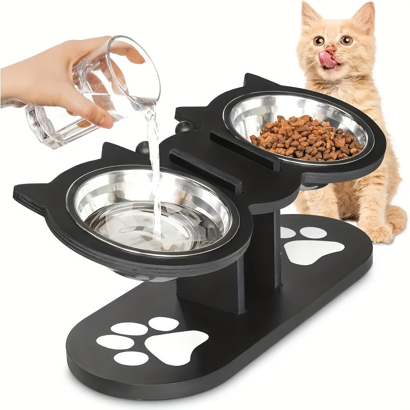 Elevated Cat Bowl – Adjustable Height Stainless Steel Raised Feeder with Anti-Spill Black Wooden Base, Indoor Food & Water Dish for Cats
