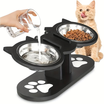 Elevated Cat Bowl – Adjustable Height Stainless Steel Raised Feeder with Anti-Spill Black Wooden Base, Indoor Food & Water Dish for Cats