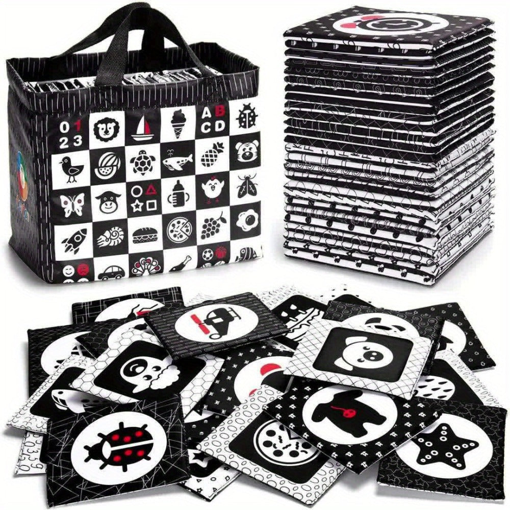 High Contrast Baby Flashcards 64 Cards Black White Red, Newborn Visual Stimulation Brain Development Montessori Learning Toy