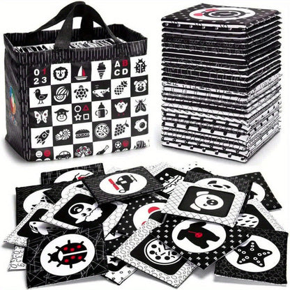 High Contrast Baby Flashcards 64 Cards Black White Red, Newborn Visual Stimulation Brain Development Montessori Learning Toy