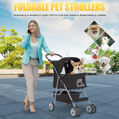4-Wheel Pet Stroller with Cup Holder & Storage Basket | Portable Breathable Cat Dog Stroller, Smooth-Rolling Outdoor Pram