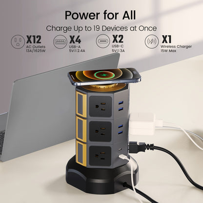 Surge- Power Tower 13-in-1 with Wireless Charger, 9 AC Outlets & 4 USB Ports (2 USB-C PD18W), 1080J Surge Protector