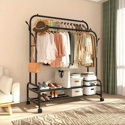 Double Rod Clothes Rack with Wheels Metal Garment Rack with Shelves and Hooks Portable Closet Organizer for Bedroom Living Room Gold