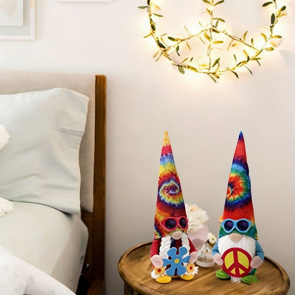 Hippie Gnomes Decorations 2 Pack – Groovy Tie Dye Tomte Figurines with Peace Sign & Fashion Glasses, 13.5" Swedish Gnome Shelf Sitters