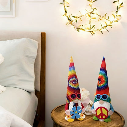 Hippie Gnomes Decorations 2 Pack – Groovy Tie Dye Tomte Figurines with Peace Sign & Fashion Glasses, 13.5" Swedish Gnome Shelf Sitters