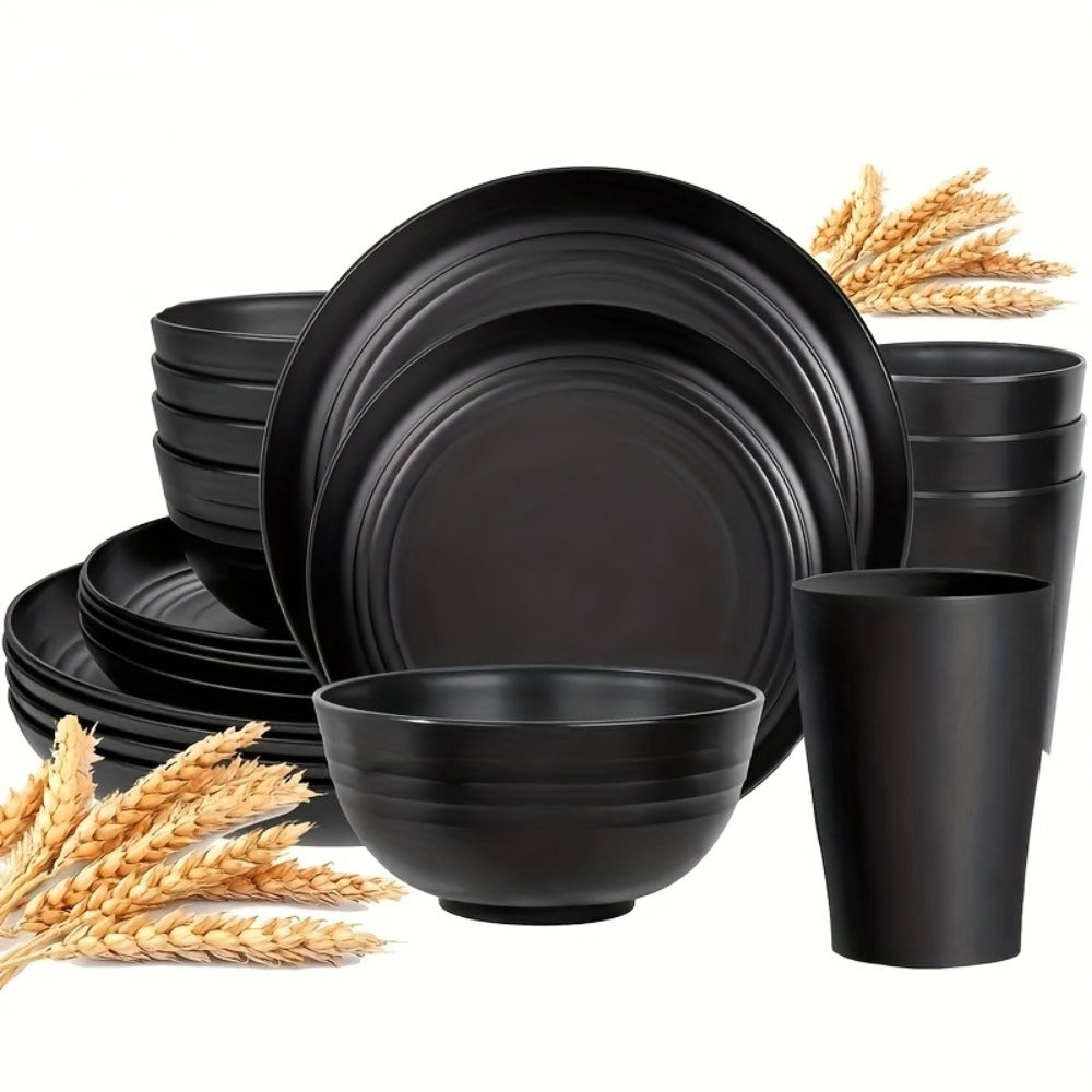 Wheat Straw Dinnerware Set 16 or 32 Piece – Plates & Bowls for 4 or 8 People, Microwave & Dishwasher Safe Plastic Dish Set