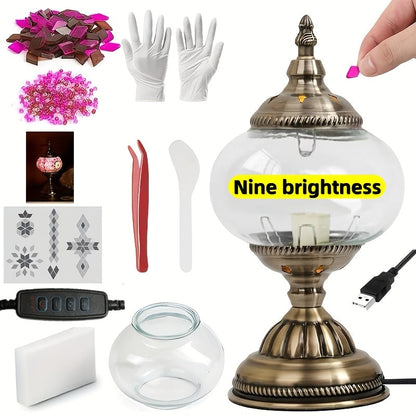 DIY Turkish Moroccan Mosaic Lamp Kit Handmade Glass Metal Brass Dimmable Bohemian Table Light for Entryways, Bedrooms and Living Spaces