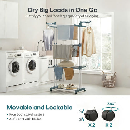 Clothes Drying Rack 4-Tier Foldable Metal Laundry Rack with Rolling Casters, Holds 30+ Garments, Adjustable Shelf Heights