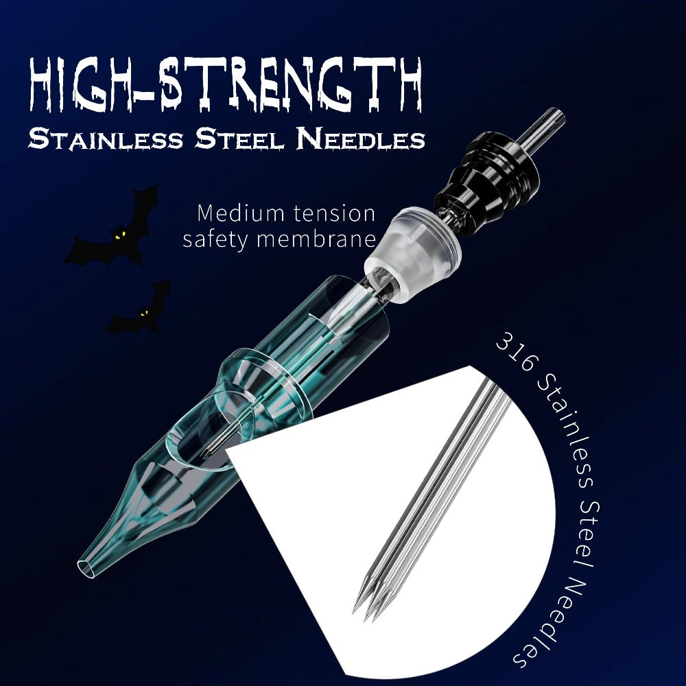 EO Sterilized Tattoo Cartridge Needles 50pcs Mixed Sizes 3RL 5RL 7RL 9RL 5RS 7RS 9RM for Temporary Body Art, Festivals and Costumes