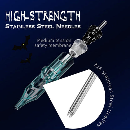 EO Sterilized Tattoo Cartridge Needles 50pcs Mixed Sizes 3RL 5RL 7RL 9RL 5RS 7RS 9RM for Temporary Body Art, Festivals and Costumes