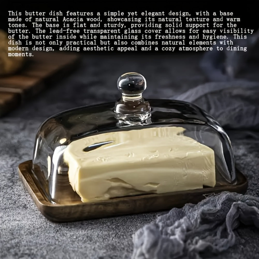 Wooden Butter Dish Base with Clear Glass Cloche Lid and 18 x 12 x 10.9 cm Serving Tray for Table Use