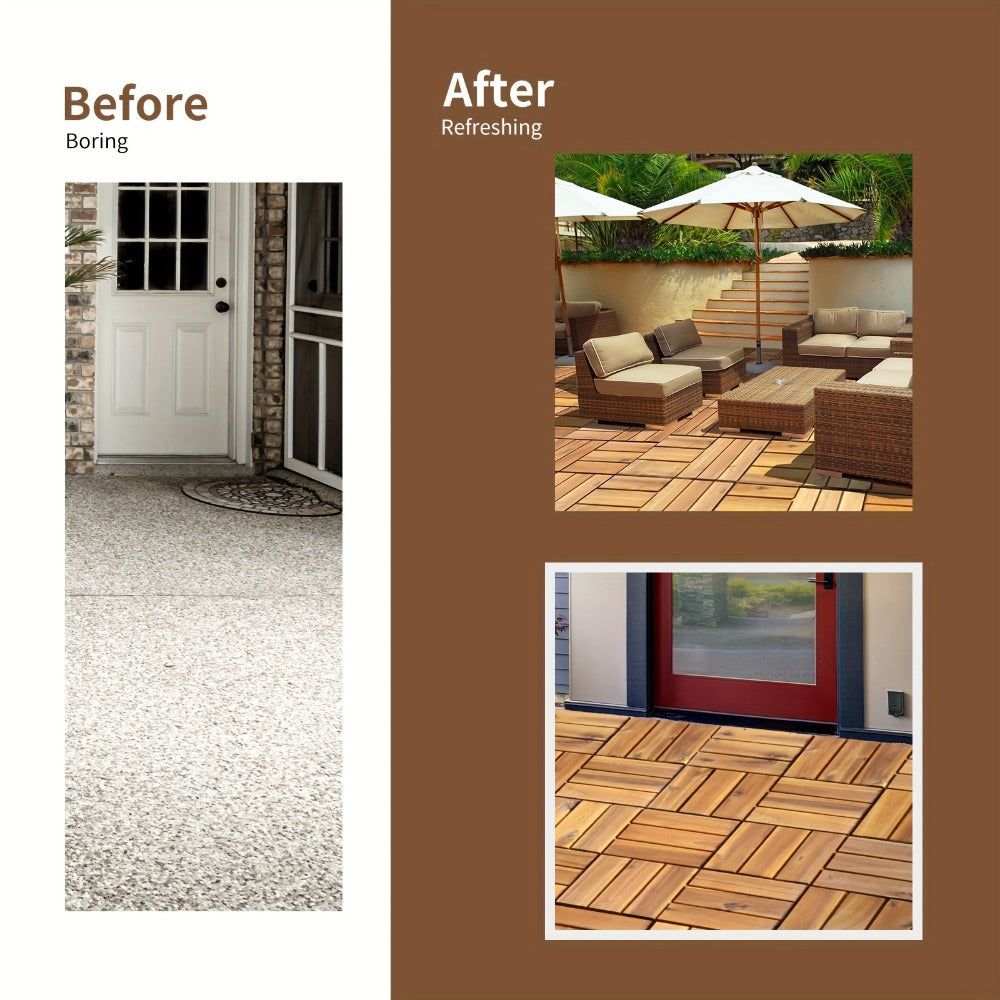 Interlocking Acacia Wood Deck Tiles 27-Pack – 12x12 Inch Oil-Finished Slat Tiles, Covers 27 Sq Ft, Tool-Free Install, for Patio, Balcony