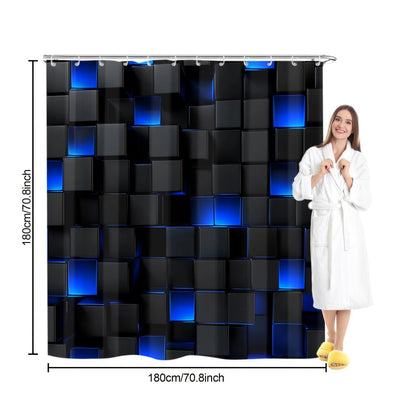 Shower Curtain Set with 12 Hooks & Toilet Seat Cover, 4-Piece Bathroom Set Dark Blue Geometric Abstract Cube Pattern