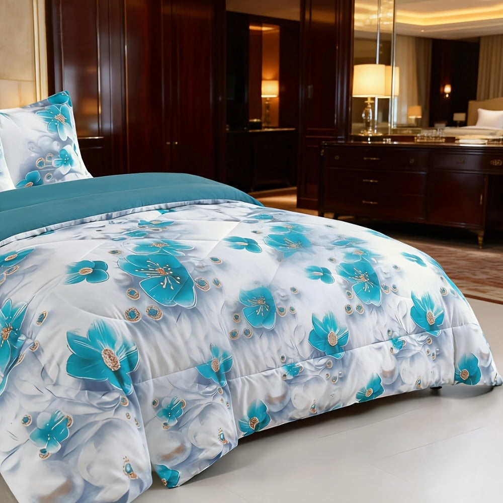 Botanical Floral Comforter and Pillowcase Set in Pink, Cyan or Lake Blue with Twin, Queen and King Sizes