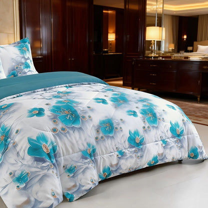 Botanical Floral Comforter and Pillowcase Set in Pink, Cyan or Lake Blue with Twin, Queen and King Sizes