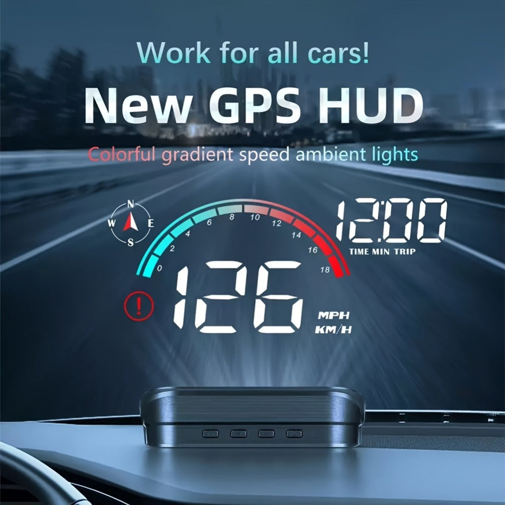 Car HUD Head Up Display – Windshield Speedometer Projector with GPS Compass, Overspeed Alarm, Auto Brightness