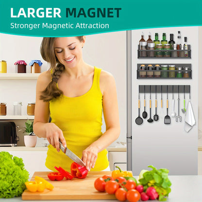 Kitchen Organizer Magnetic Refrigerator Shelf 4-Piece Set with Hooks for Metal Appliance Surfaces