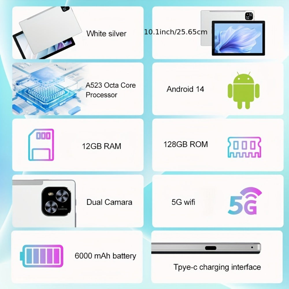Android Tablet 10.1-Inch 2-in-1 with Android 14, Octa-Core CPU, WiFi 6 and 128GB Internal Storage