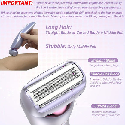 Electric Shaver Bikini Razor with Stainless Steel Blade, Rechargeable Power and Waterproof Wet/Dry Use in Purple
