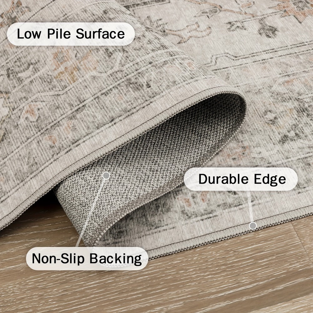 Runner Rug Machine Washable Non-Slip Vintage Hallway Area Rug Low Pile Lightweight Boho Floral for Entryway Kitchen Corridor Light Taupe