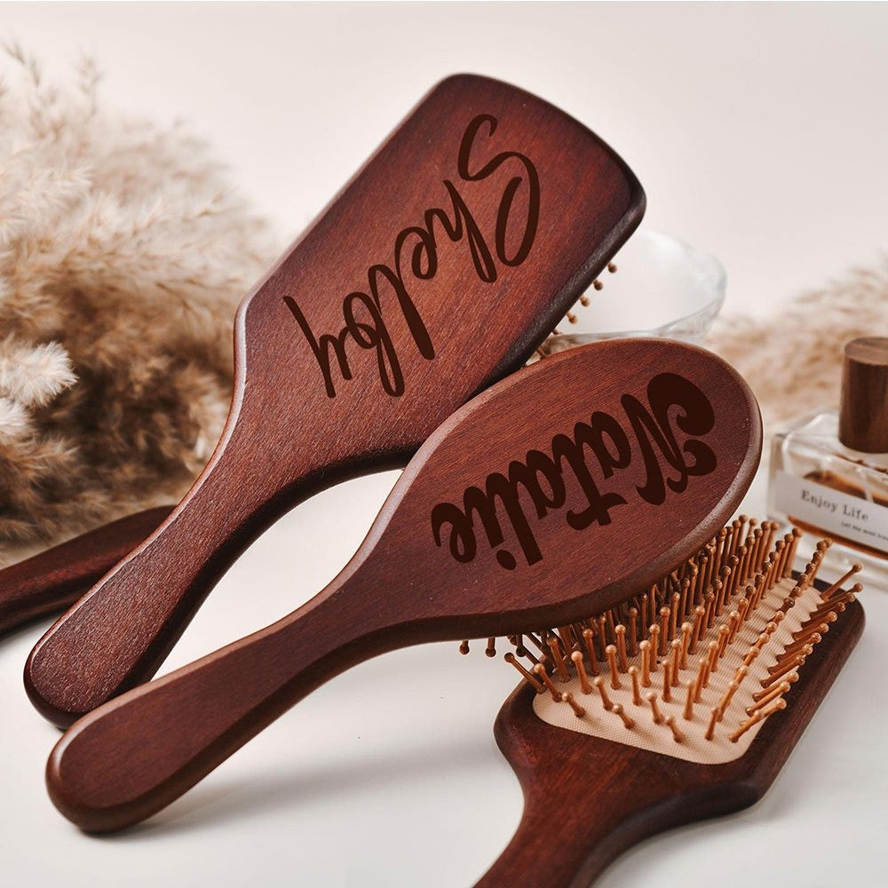 Personalized Engraved Wooden Hairbrush Custom Curly Styling Brush Square Oval Shape Gift, for Home, Travel and Salon Hair Styling