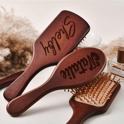 Personalized Engraved Wooden Hairbrush Custom Curly Styling Brush Square Oval Shape Gift, for Home, Travel and Salon Hair Styling